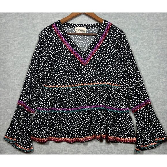 Savanna Jane Polka Dot Boho Top S Embroidered Bell Sleeves V Neck Casual - Picture 1 of 6